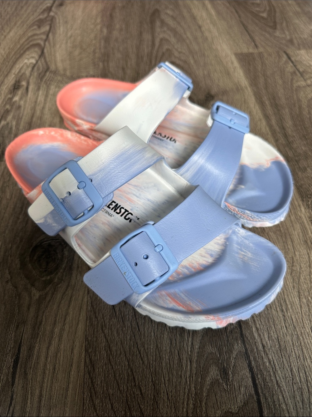 Birkenstock Arizona EVA Sandals - Light Blue & Coral Swirl - Medium/Narrow